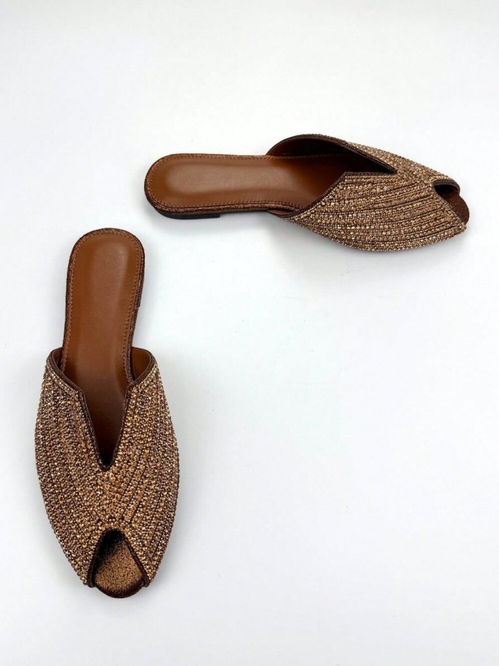 Bronze Fashionable Women's Rhinestoned V-Cut Slip-On Mule Flats - Picture 4 of 4